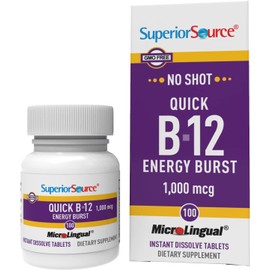 Superior Source NO Shot Quick Energy Burst B-12 1,000 mcg - Premium Nervous System Support Supplement - Non-GMO & Gluten-Free - 100 MicroLingual Instant Dissolve Tablets