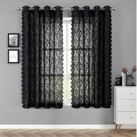 Bujasso Black Sheer Lace Curtains 54 inch Vintage Floral Short Curtain Panels for Kitchen Living Room Bedroom Luxury Light Filtering Black Drapes Window Treatment Sets Grommet Top 54" Wx54 Lx2