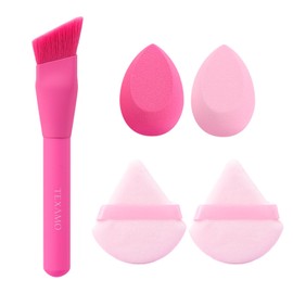TEXAMO Foundation Brush with 2 Pcs Makeup Sponges, Professional Kabuki Brush for Liquid Cream and Powder, 2Pcs Powder Puff, Soft Blender Puff Face Triangle Makeup Puff