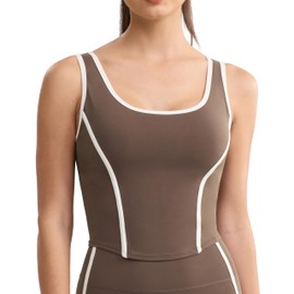 ENERBLOOM Women's Workout Crop Tank Tops Fishbone Yoga Shirts Sleeveless Padded Fitted Casual Summer Mild Support Athletic Top Brown Large