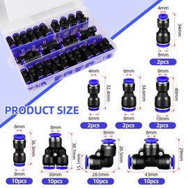 AOOWU 48 Pcs 8mm Pneumatic Quick Push in Connect Air Tube Fitting Kit, Tube OD Push to Connect Fitting Kits, 8mm Straight/Elbow/Tee/Splitter Connector and 4-6,4-8,6-8, 8-10mm Reducing Connector