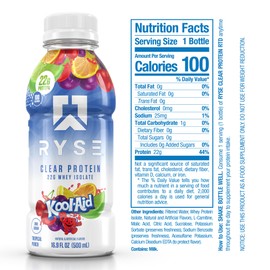RYSE Clear Whey Isolate Protein Shake, Kool-Aid Tropical Punch, 100 Calories, 22g Protein, Sugar Free, 0g Fat, Lactose Free, 16.9 fl oz (12 pack)
