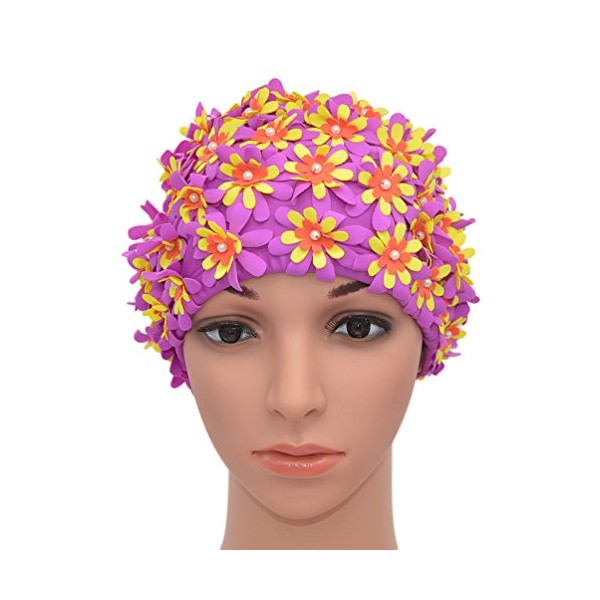 Medifier Swim Cap Floral Petal Retro Style Bathing Caps for Women Purple