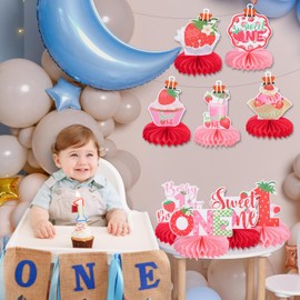 9pcs Strawberry 1st Birthday Honeycomb Centerpieces One Year Old Birthday Party Decorations Sweet ONE Strawberry Tabletop Centerpieces Baby Shower First Birthday Table Topper Sign Decorations