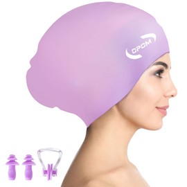 Silicone Swimming Cap for Women & Men, High Elasticity Swim Hat for Long Hair, Waterproof Bathing Cap with Ear Plugs & Nose Clip, Keep Hair Dry, Easy On/Off (Purplish-Pink)
