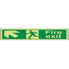 VSafety Glow In The Dark Fire Exit Arrow Up Left Sign - 600mm x 200mm - Rigid Plastic