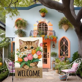 Welcome Cat Garden Flag 12x18 Inch Double Sided Burlap Small Spring Summer Tulip Flowers Butterfly Floral Flags Decor Patio Lawn Outside farmhouse home Flags Decorations