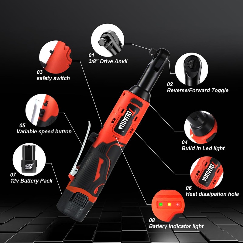 TQUAGGA 3/8" Cordless Electric Ratchet Wrench Set, 12V Power Ratchet