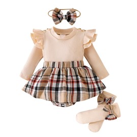 Eqenkely Infant Baby Girls 3Pcs Romper Dress Outfits Ruffle Long Sleeve Plaid Print Skirt with Headband and Socks Set Beige 0-3 Months