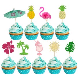 36 piezas de decoración tropical para magdalenas, palmera, flores, tortuga, hojas, flamenco, piña, cupcakes, palillos para verano, hawaiano, tropical, luau, fiesta de cumpleaños, suministros de decoración de pasteles