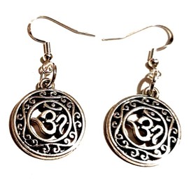 Antique Silver Filigree Aum Om Earrings on Sterling Silver Hooks