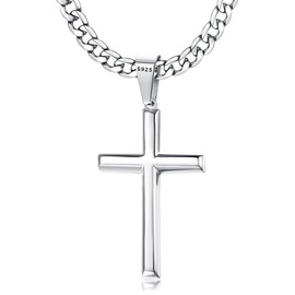 Chriscoco 925 Sterling Silver Cross Pendant Necklace for Men Women 5mm Stainless Steel Diamond-Cut Durable Cuban Link Chain Crucifix Necklace Polished Beveled Edge Cross Chain Necklace Jewelry 46CM