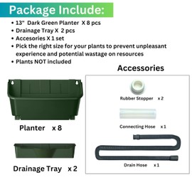 Maxona Vertical Wall Planter for Indoor Plant-Walls Mounted Pot with 2 Drainage Tray 8 Pack, 13 inch Dark Green for Indoors and Outdoor Decor, Plastic Pots Balcony Planters, Plants Hanging