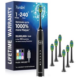 7AM2M Cepillo de dientes eléctrico ultrasónico con 6 cabezales de cepillo para adultos y niños, una carga para 120 días, carga USB-C, color negro