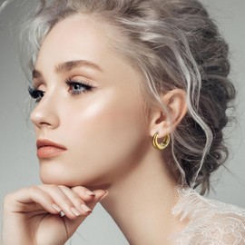 Flongo Gold Stud Earrings for Women: 3 Pairs 14k Gold Plated Small Geometric Water Drop Earrings Stainless Steel Hoop Earrings Chunky Hypoallergenic Women Girls Thick Lightweight Earrings, Stainless