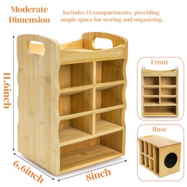 ZAVOOS Bamboo Art Supply Organizer, 360° Rotating Pen Holder with Handle, Holds 400+ Pencils, 15 Compartments Desktop Storage Stationary Caddy for Colored Pencil, Pens, Art Brushes, Crayon