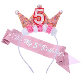 Birthday Crown Headbands for Kids Toddlers Flower Birthday Tiara and Sash Set Pink Glitter Pearl Hair Band Accessories 5 Year Old Girl Birth-day Decorations Gifts
