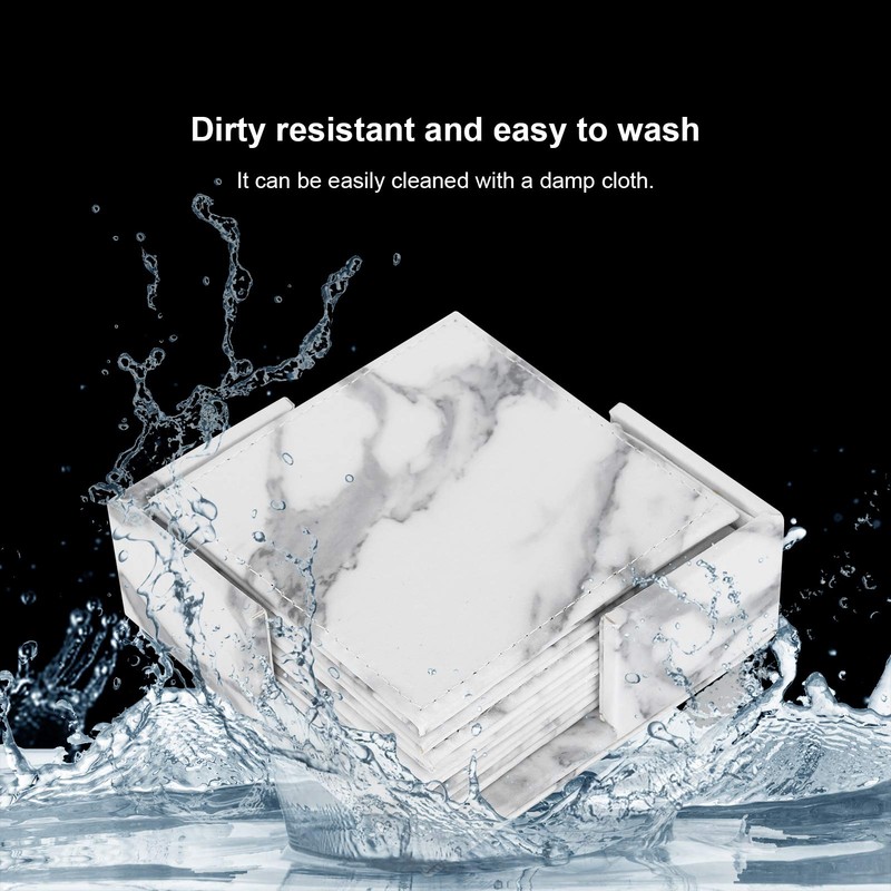 Marble Coasters for Drinks, 6PCS Square Marble White PU Leather