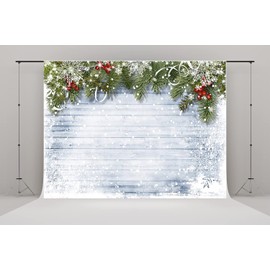7X5ft Christmas Photography Backdrop Wood Wall Wooden Board Background White Snowflake Snow Wood Evergreen Pine Branch Backdrops Family Kids Christmas Party Banner Decorations Backdrops