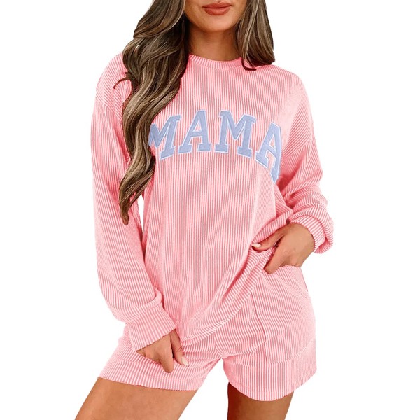 Opemiby Womens Ribbed Pajama Sets Long Sleeve Top and Shorts