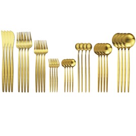 JASHII 32-Piece Tableware Set Stainless Steel Flatware Set with Coffee Spoon Long Handle Spoon Premium Cutlery Service for 4 Satin Finish Utensils for Home (Gold)