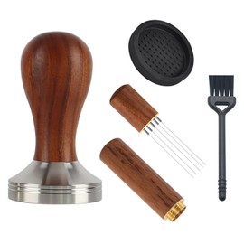 NIYATA 4Pcs Coffee Tamper Set, Solid Wood Coffee Tampers Handle 51 mm,Coffee Press Tool Small Round Pad Black,Cleaning Brush Black,Coffee Powder Needle,Barista Accessories,Brown
