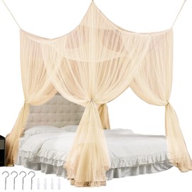 HomeChi Mosquitera para Cama Doble a tamaño King con Cortinas Colgantes y 4 Aberturas - Mosquitera Cuadrada con Malla Fina y Trabillas para habitación de niñas, Beige