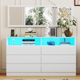 Gyfimoie Dresser for Bedroom with Full Length Mirror 48"x16", White Storage Dresser with Power Outlet, 6 Drawer Dresser with LED Light, Modern Dressers with Charging Station(White)