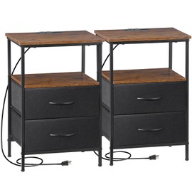 Segawe 2 PCS Brown Nightstand with Drawer Bedside Table with 2 USB Port& Outlet Bedroom