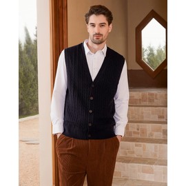 Kallspin Men's Cable Knit Sweater Vest Wool Blend V Neck Button Down Sleeveless Cardigan Vest(Black, Medium)