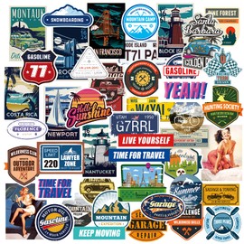 Vintage Road Trip Sticker Pack (46 Pcs) - Retro National Park, Gas Station & Adventure Decals for Laptop, Water Bottle, Luggage - Waterproof Vinyl