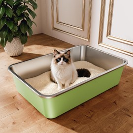 Qiuma Stainless Steel Litter Box, Large Metal Cat Litter Box with High Sided for Big and Small Cats, Non-Stick, Easy to Clean, Odor-Free, 23.4" L×15.6" W×5.9" H, Leaf Green