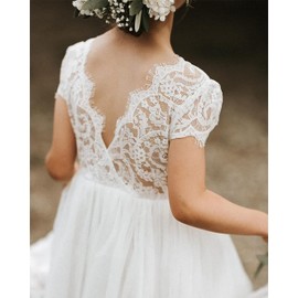 2Bunnies Girl Paisley Lace Back A-Line Tutu Tulle Party Flower Girl Dresses (Short Sleeve Maxi-White, 7/8)