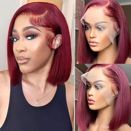 MOOTAFUL 99j Burgundy Bob Wig Human Hair 13x4 Lace Front Wigs for Black Women Straight Burgundy Human Hair Pre Plucked 200% Density Transparent Lace Frontal Wig 99j Short Wigs 10 inch