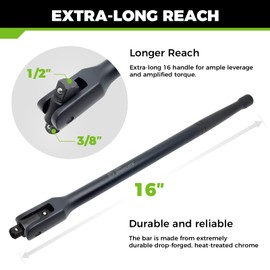 16-inch Dual Drive Breaker Bar, 3/8" & 1/2" Drive, Heavy Duty Breaker Bars with 360° Rotatable Head, Spring-loaded Detent Ball, Premium Chrome Vanadium Steel with Black Powder Coating