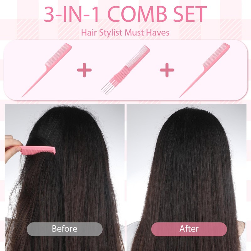 3PCS Teasing Combs for Women, Teasing Comb with Metal Pick,