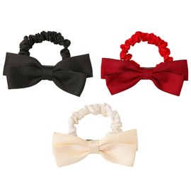 Bow Scrunchies for Women and Girls - 3Pcs Elastic Hair Ties with Black, White, Red Bowknot Ponytail Holder Bands for Thick and Thin Hair