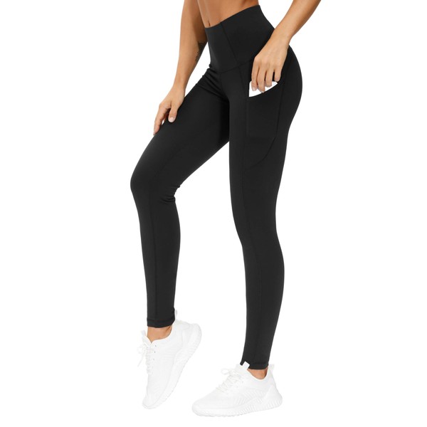 THE GYM PEOPLE Thick High Waist Yoga Pants with Pockets, Tummy Control Workout Running Yoga Leggings for Women (Medium, Black  )
