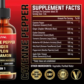 MILIVOL 8in1 Cayenne Pepper Liquid Drops with Ginger, Ceylon Cinnamon, Turmeric Curcumin, Berberine - Digestion, Circulatory Heath Support - 2 Packs of 30ml
