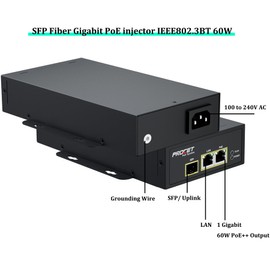PROCET 60W Gigabit PoE Injector SFP Fiber Uplink PoE++ Power Supply, 6KV Surge Protection, -40℉ to 149℉ for eero PoE 7, UniFi U6-Enterprise, U7/ Pro Max/XG, Sisco Access Point, PTZ/ AI Camera, Kiosks