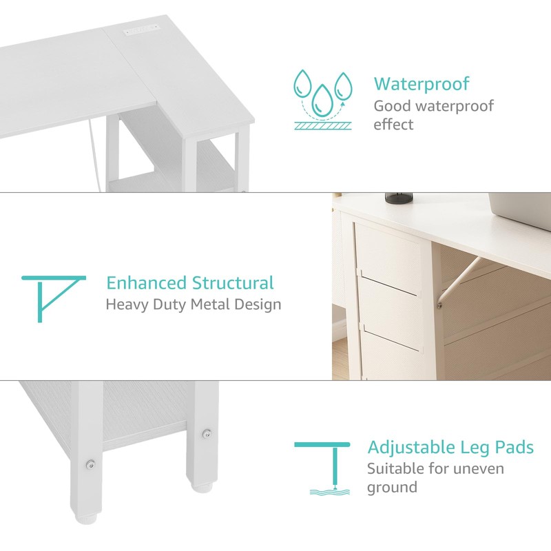 Lufeiya White L Shaped Computer Desk with Drawers & Storage