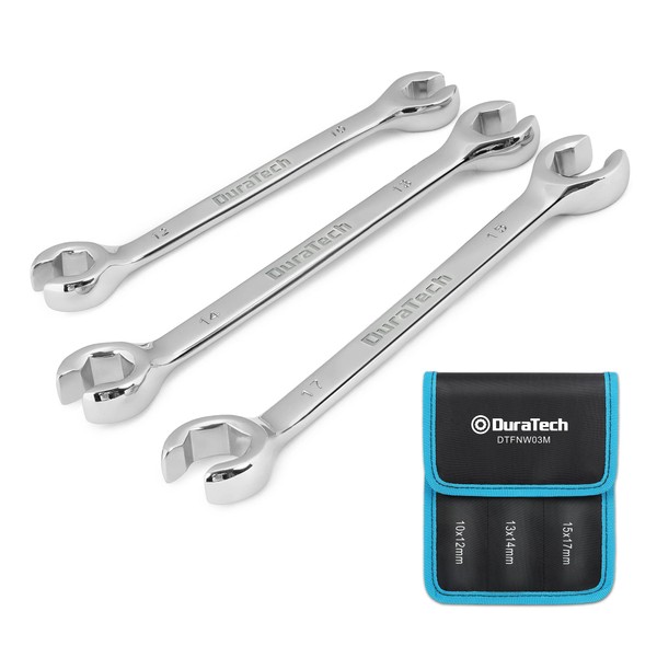 DURATECH Flare Nut Spanner Set, Double End Open Ring Spanner Set, Brake Line Spanner Wrench Set, Metric, 3-Piece, 10x12mm, 13x14mm, 15x17mm, with Storage Pouch