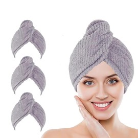 Microfiber Hair Towel Wrap, 3 Pack (Gray) Soft Hair Drying Towel with Elastic Band, Drying Hair Wrap Towels for Curly, Hair Towel Wrap For Women, Fast Drying Hair Turban, Hair Turbans for Wet Hair