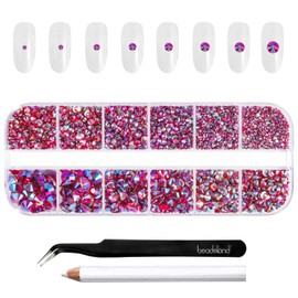 Beadsland Rhinestones for Makeup, 8 Sizes, 2500 Pieces, Crystal Flat Back Rhinestones, Face Gemstones for Nails, Crafts with Tweezers and Wax Pen, Light Red AB, SS4-SS30