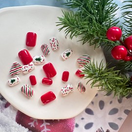 Christmas Red Press on Nails Short Square Fake Nails, Winter Xmas Press on Nails Cute with Candy Christmas Tree Design Glossy False Nails Christmas Glue on nails Christmas Acrylic Nails for Women
