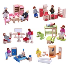HYSTYLE 7 Pack Poseable Wooden Doll Dollhouse Dolls Wooden Doll Family Pretend Play Figures, Family Role Play Pretend Play Mini People Figures (Classic People)