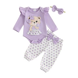 Baby Girls Fall Outfit Newborn Girl 3Pcs Clothes Set Bear Embroidery Romper Dot Print Pants Bow Headband Cute Spring Tracksuit Clothing (Purple, 0-3 Months)