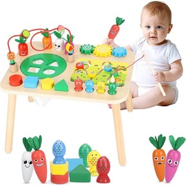 Activity Table for 1+ Year Old Girls Boys, 7-in-1 Wooden Montessori Toys, Activity Center, Baby Toddler Sensory Toys Kids First Birthday Gift