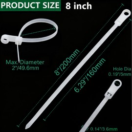 QYIMLI 200pcs Zip Tie with Screw Hole, 8 inch Automotive Wire Self Locking Black Zip Ties, Screw Zip Tie Mount Push Mount Cable Ties (White, 8")