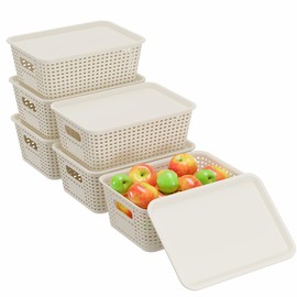 Resze 6 Pack Plastic Storage Baskets with Lids, Breathable Stackable Organizer Bins& Containers for Pantry, Desktops, Cabinet, Closet, Offices Organization Toys, Space Saving, Easy-Carry Handles,White